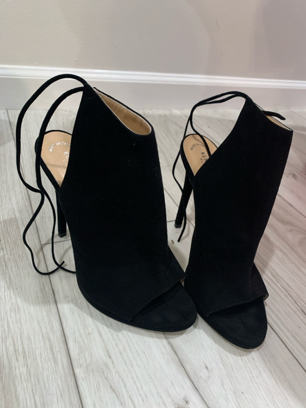 Kenneth Cole Black Suede Peep-Toe Lace-Up Stiletto Booties